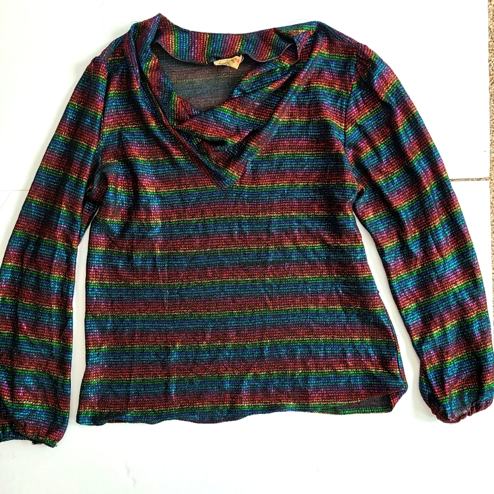 America America Medium Black Shimmer rainbow striped long sleeve blouse Pride